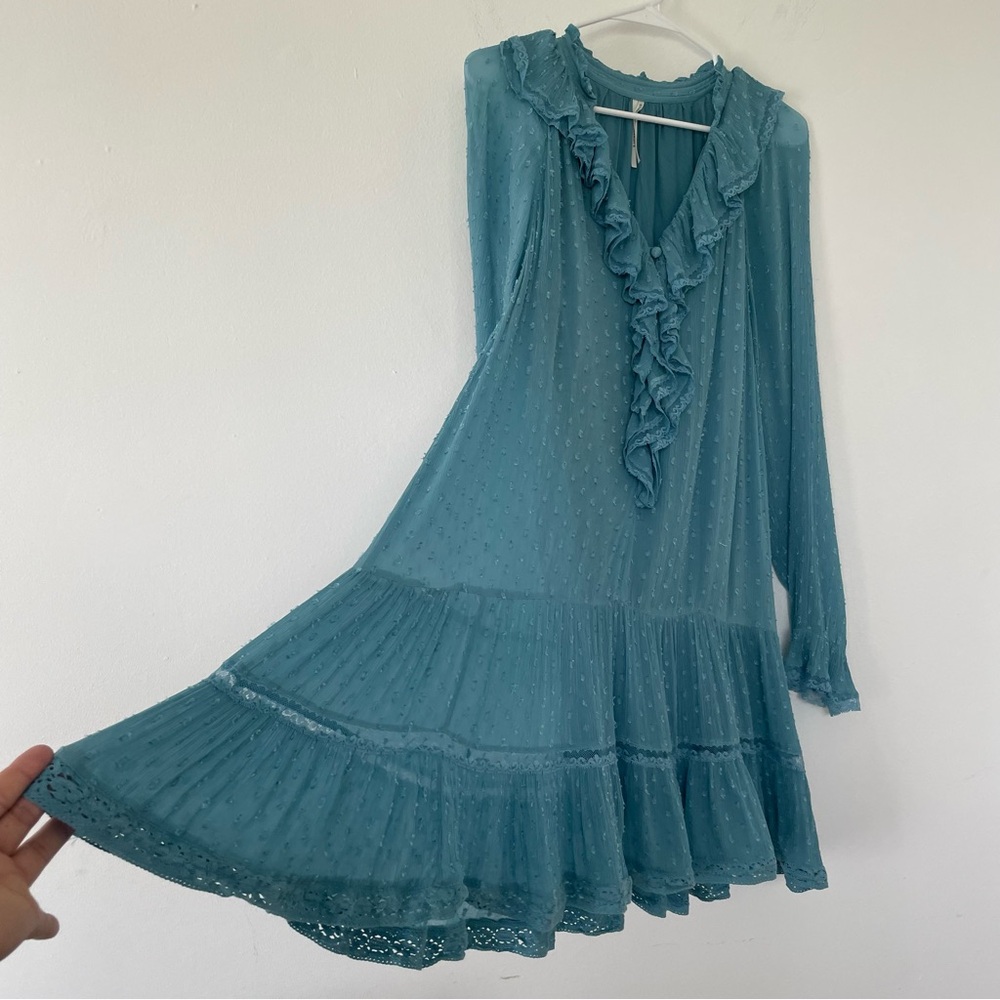 Anthropologie Teal Long- sleeve Lined Baby Doll Dress Size M
